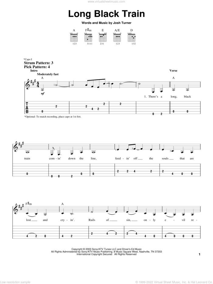 Long Black Train sheet music for guitar solo (easy tablature) by Josh Turner, easy guitar (easy tablature)