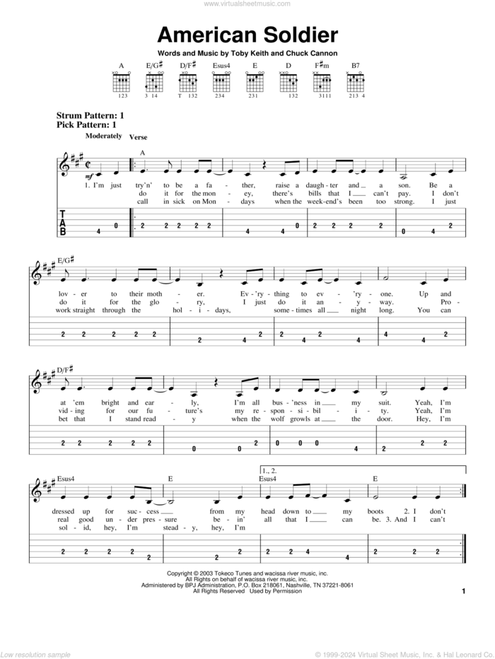 American Soldier sheet music for guitar solo (easy tablature) by Toby Keith and Chuck Cannon, easy guitar (easy tablature)