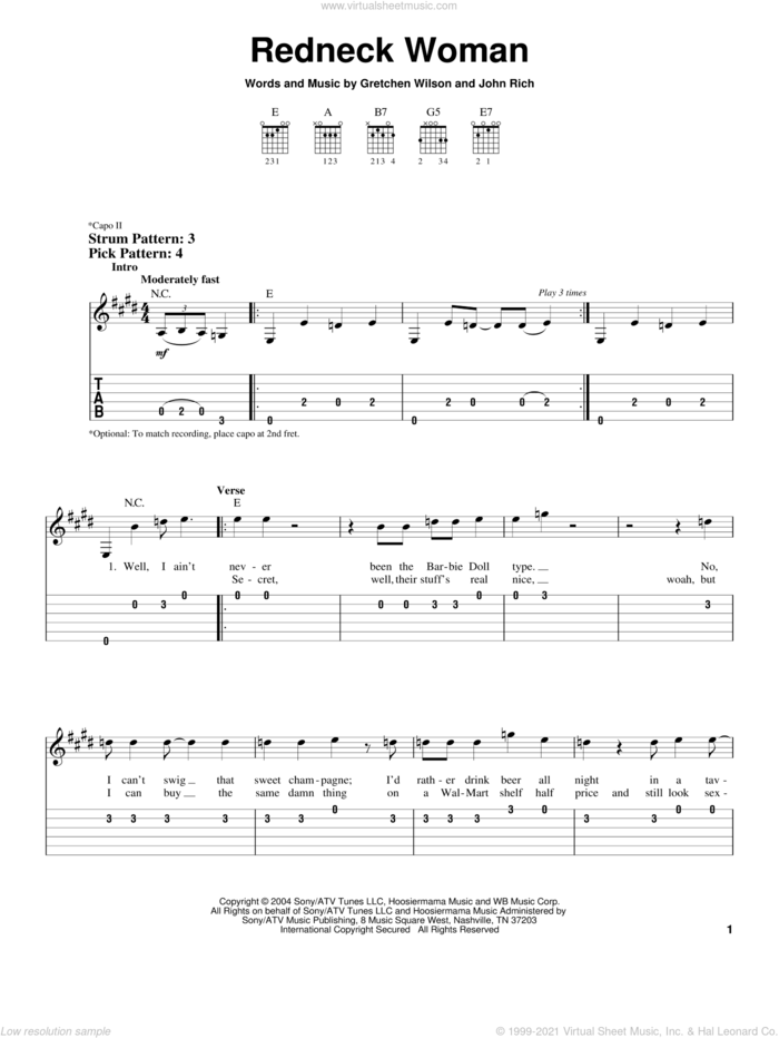 Redneck Woman sheet music for guitar solo (easy tablature) by Gretchen Wilson and John Rich, easy guitar (easy tablature)