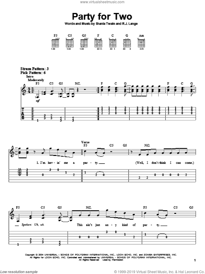 Party For Two sheet music for guitar solo (easy tablature) by Shania Twain, Billy Currington, Mark McGrath and Robert John Lange, easy guitar (easy tablature)