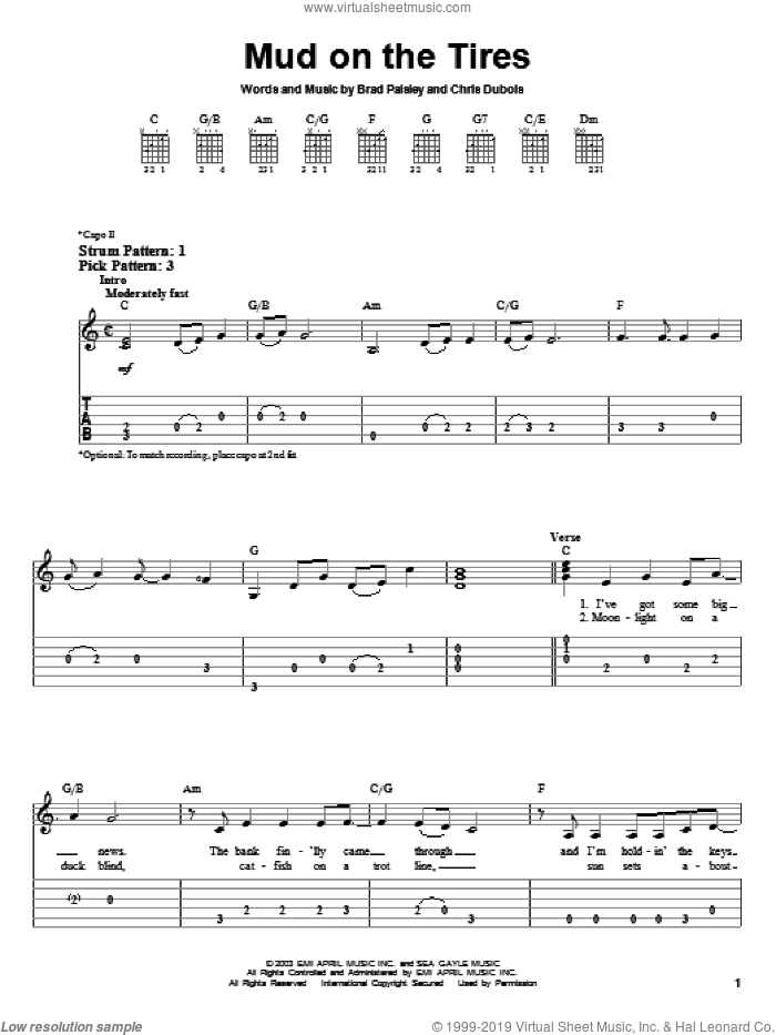Mud On The Tires sheet music for guitar solo (easy tablature) by Brad Paisley and Chris DuBois, easy guitar (easy tablature)