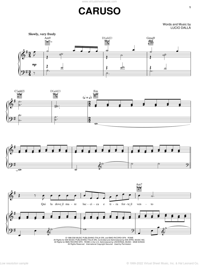 Caruso sheet music for voice, piano or guitar by Andrea Bocelli and Lucio Dalla, classical score, intermediate skill level