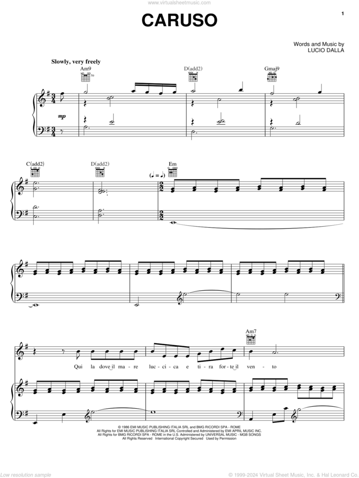 Caruso sheet music for voice, piano or guitar by Andrea Bocelli and Lucio Dalla, classical score, intermediate skill level