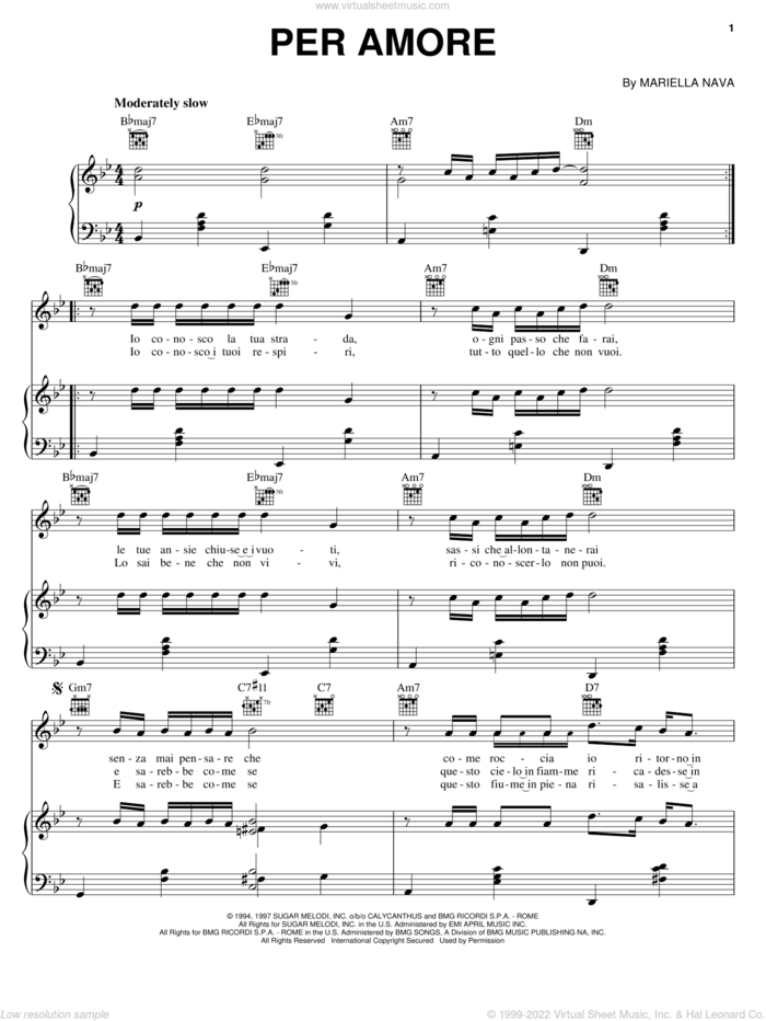 Per Amore sheet music for voice, piano or guitar by Andrea Bocelli and Mariella Nava, classical score, intermediate skill level