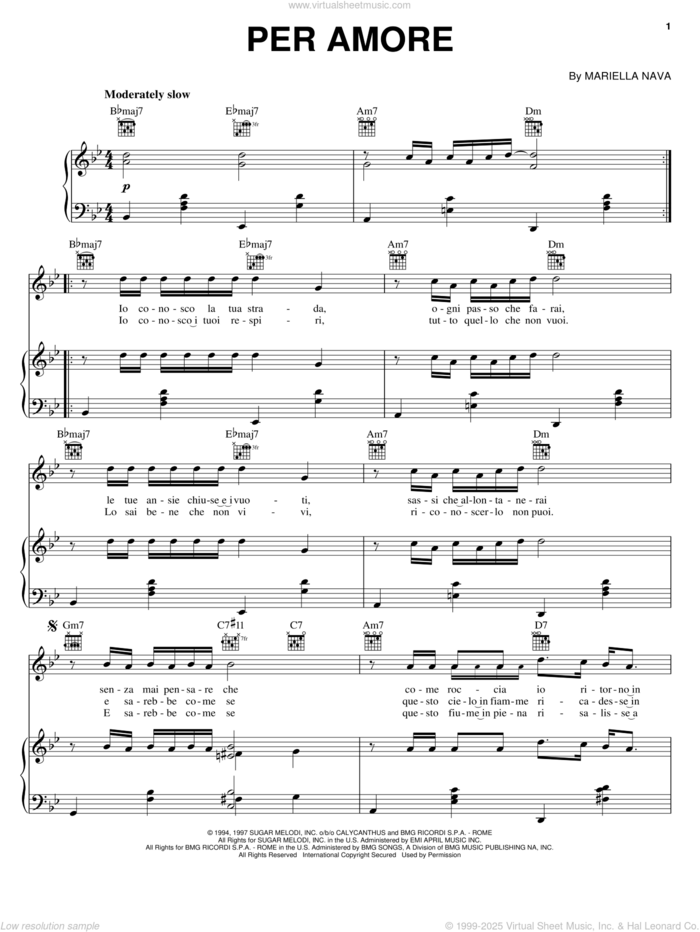 Per Amore sheet music for voice, piano or guitar by Andrea Bocelli and Mariella Nava, classical score, intermediate skill level