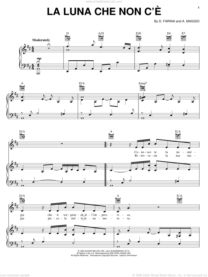La Luna Che Non C'e sheet music for voice, piano or guitar by Andrea Bocelli, A. Maggio and D. Farina, classical score, intermediate skill level