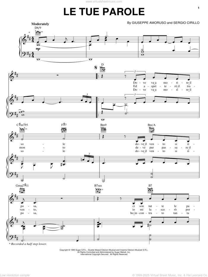 Le Tue Parole sheet music for voice, piano or guitar by Andrea Bocelli, Giuseppe Amoruso and S. Cirillo, classical score, intermediate skill level