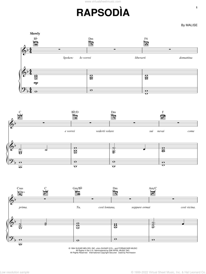 Rapsodia sheet music for voice, piano or guitar by Andrea Bocelli and Malise, classical score, intermediate skill level