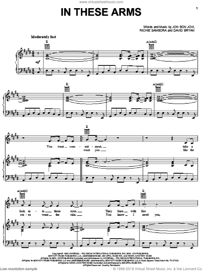 In These Arms sheet music for voice, piano or guitar by Bon Jovi, David Bryan and Richie Sambora, intermediate skill level