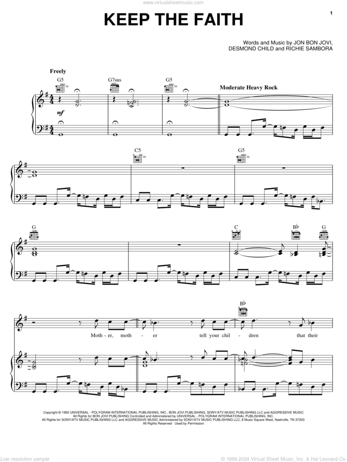 Keep The Faith sheet music for voice, piano or guitar by Bon Jovi, Desmond Child and Richie Sambora, intermediate skill level