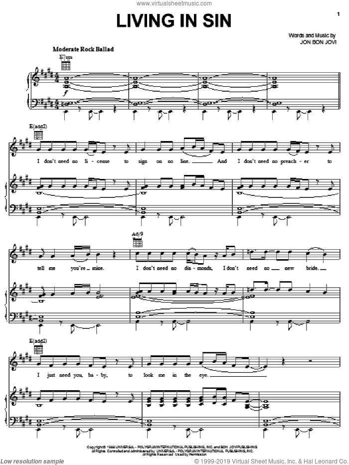 Living In Sin sheet music for voice, piano or guitar by Bon Jovi, intermediate skill level
