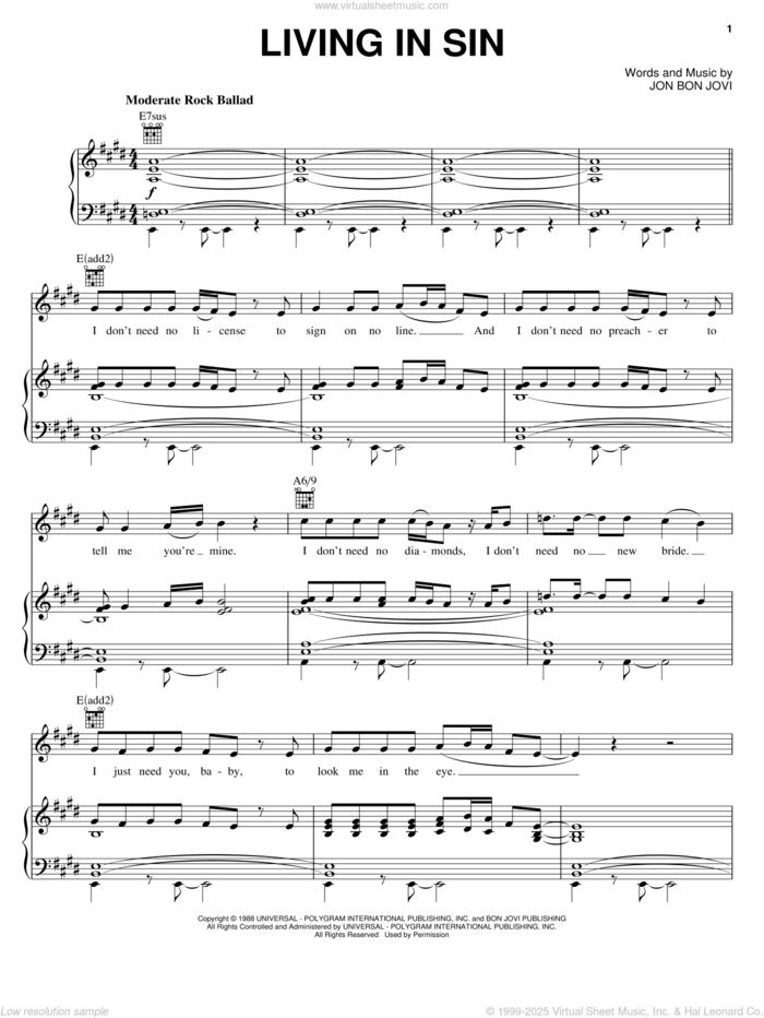 Living In Sin sheet music for voice, piano or guitar by Bon Jovi, intermediate skill level