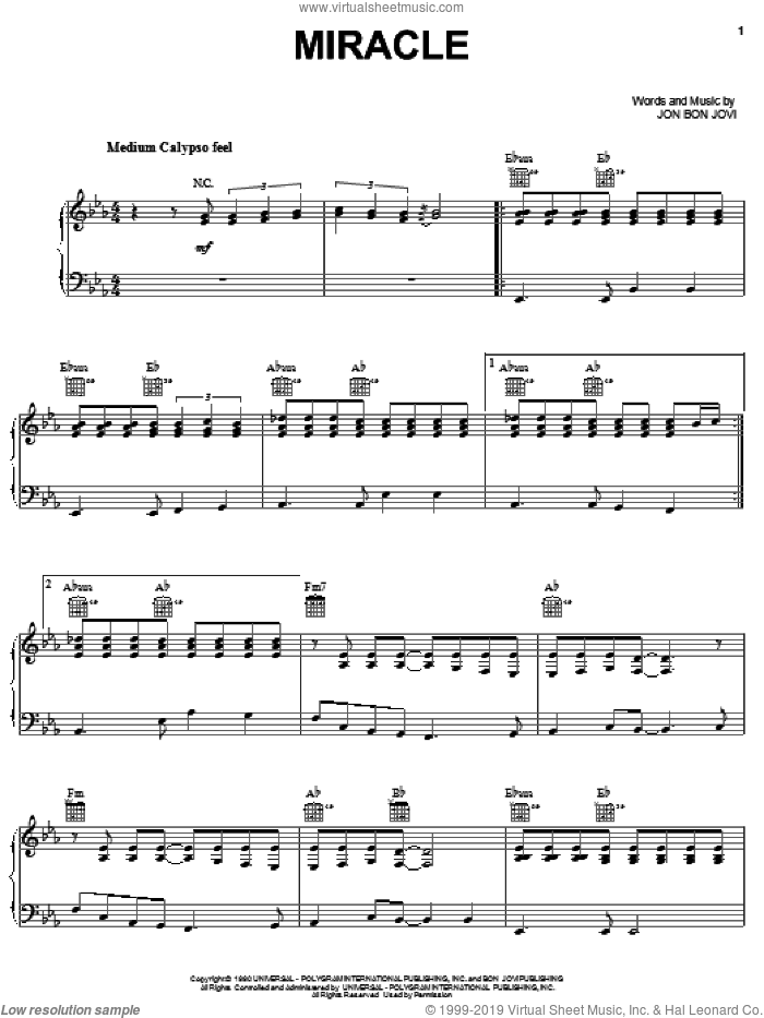 Miracle sheet music for voice, piano or guitar by Bon Jovi, intermediate skill level
