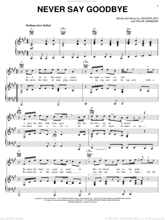 Never Say Goodbye sheet music for voice, piano or guitar by Bon Jovi and Richie Sambora, intermediate skill level