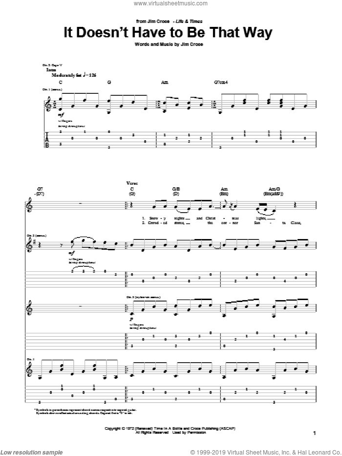 It Doesn't Have To Be That Way sheet music for guitar (tablature) by Jim Croce, intermediate skill level