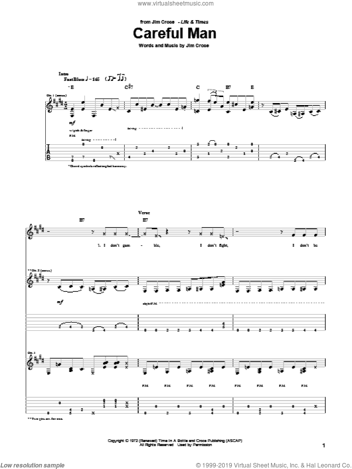 Careful Man sheet music for guitar (tablature) by Jim Croce, intermediate skill level