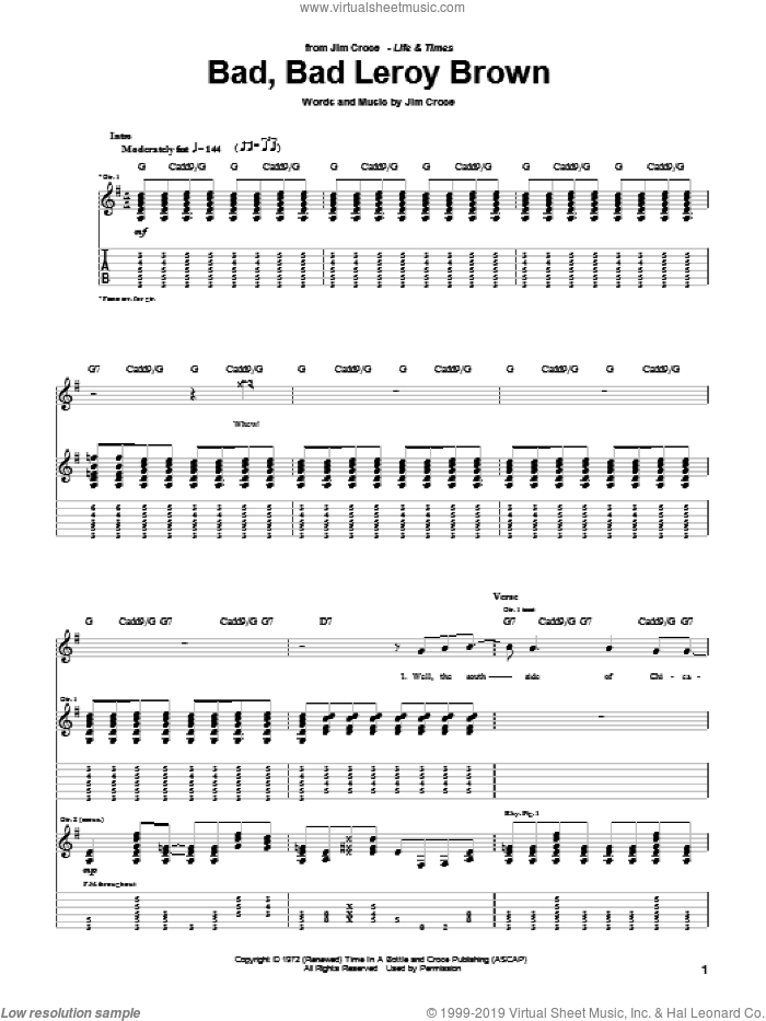 Bad, Bad Leroy Brown sheet music for guitar (tablature) by Jim Croce, intermediate skill level