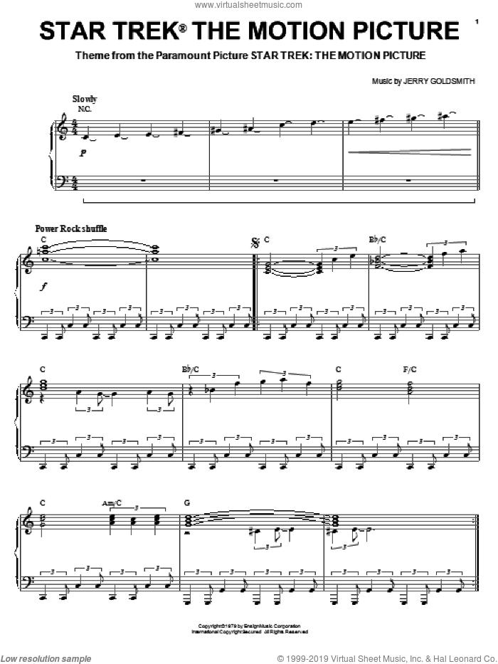 Star Trek The Motion Picture sheet music for piano solo by Jerry Goldsmith and Star Trek(R), intermediate skill level