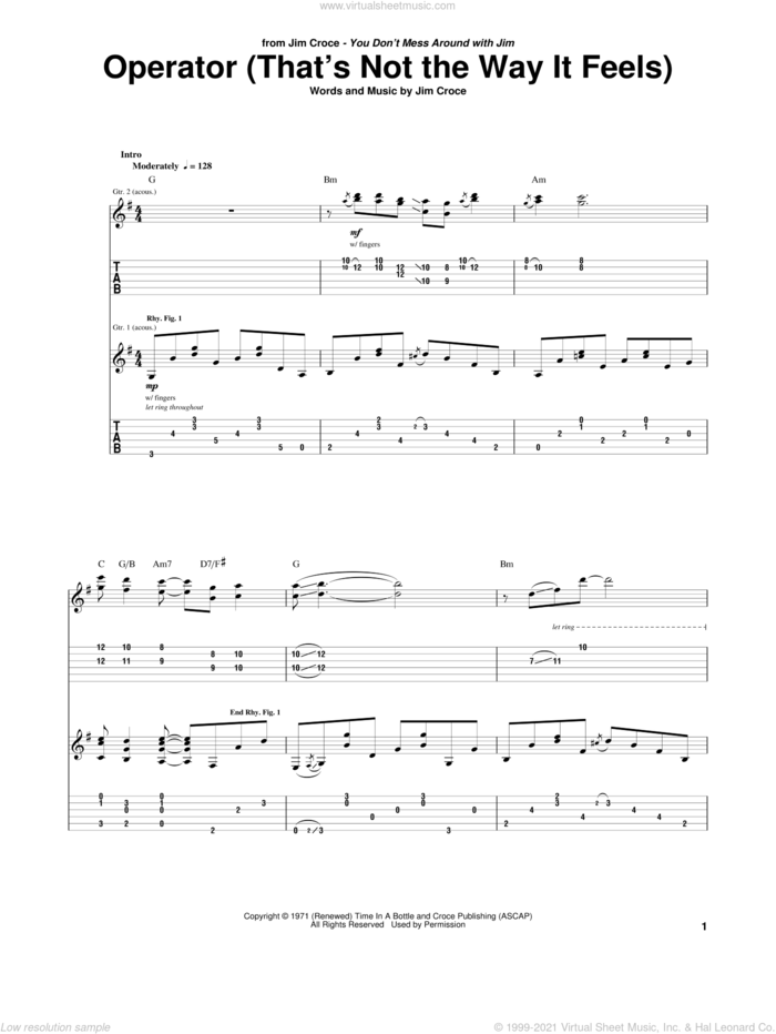 Operator (That's Not The Way It Feels) sheet music for guitar (tablature) by Jim Croce, intermediate skill level