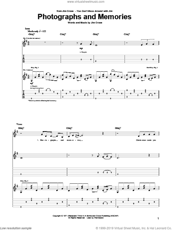 Photographs And Memories sheet music for guitar (tablature) by Jim Croce, intermediate skill level