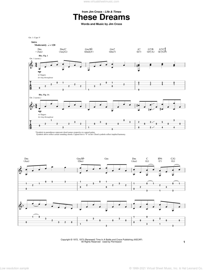 These Dreams sheet music for guitar (tablature) by Jim Croce, intermediate skill level