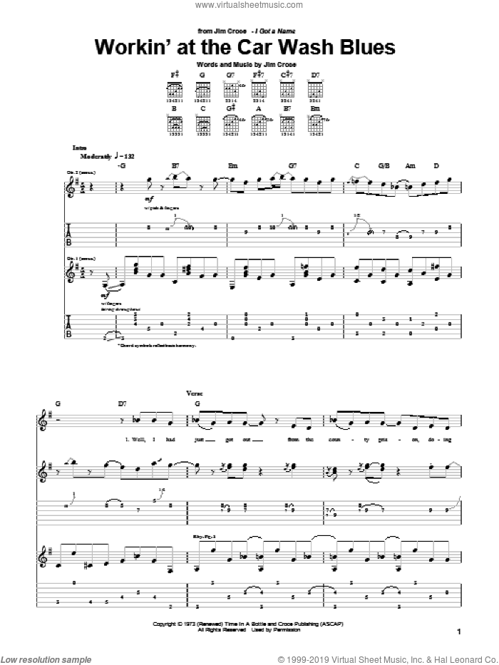 Workin' At The Car Wash Blues sheet music for guitar (tablature) by Jim Croce, intermediate skill level