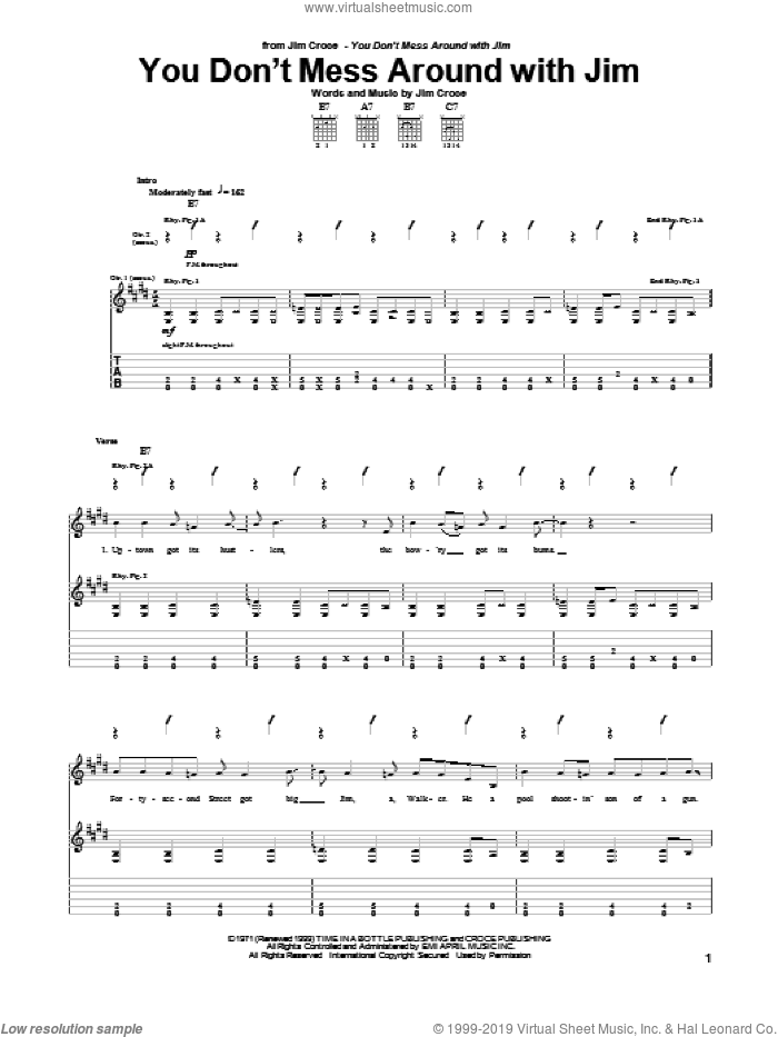 You Don't Mess Around With Jim sheet music for guitar (tablature) by Jim Croce, intermediate skill level