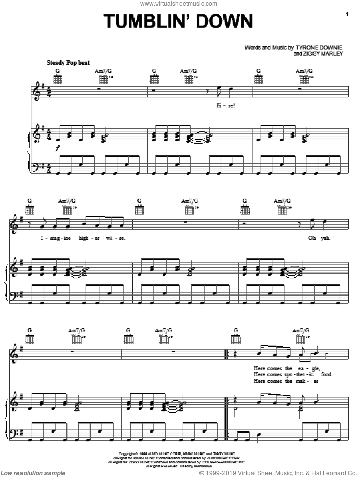 Tumblin' Down sheet music for voice, piano or guitar by Ziggy Marley and Tyrone Downie, intermediate skill level