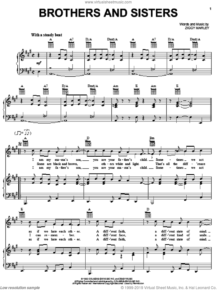 Brothers And Sisters sheet music for voice, piano or guitar by Ziggy Marley, intermediate skill level