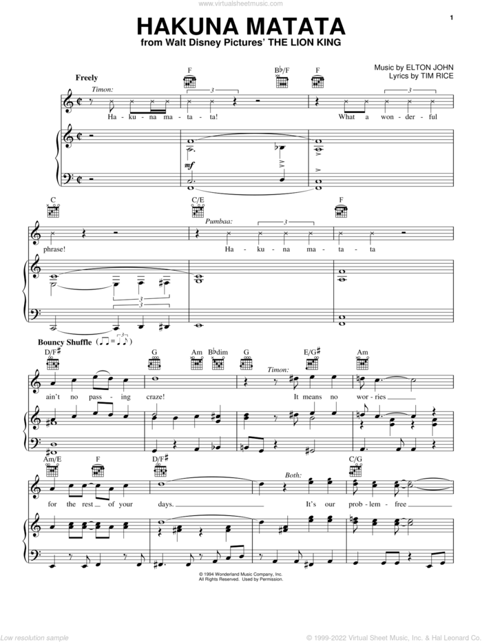 Hakuna Matata (from The Lion King) sheet music for voice, piano or guitar by Elton John, The Lion King and Tim Rice, intermediate skill level