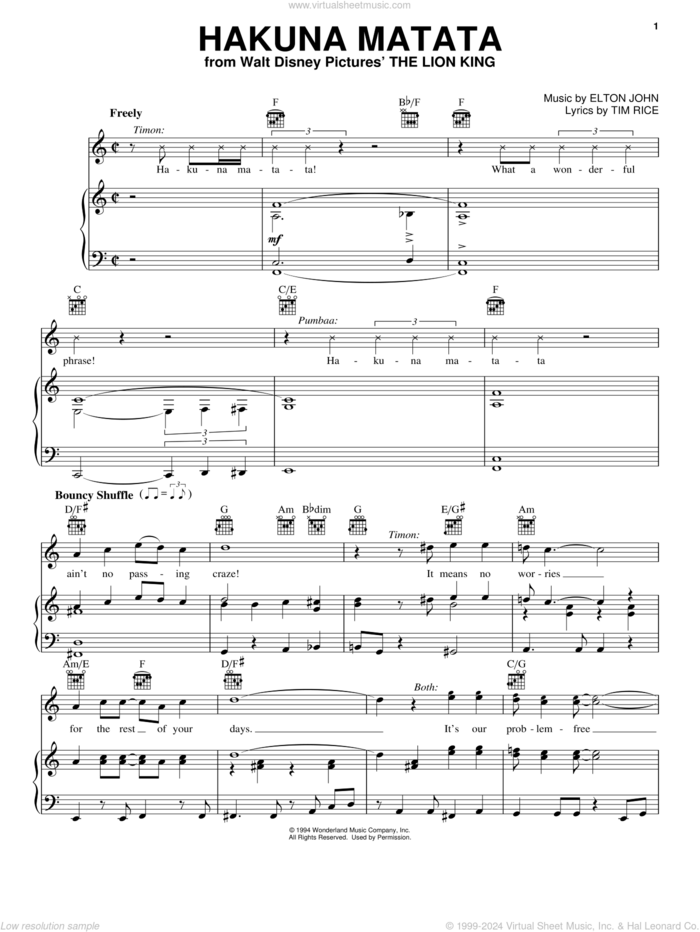 Hakuna Matata (from The Lion King) sheet music for voice, piano or guitar by Elton John, The Lion King and Tim Rice, intermediate skill level