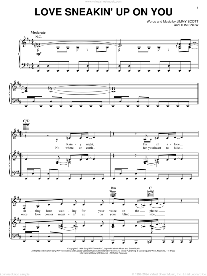 Love Sneakin' Up On You sheet music for voice, piano or guitar by Bonnie Raitt, Jimmy Scott and Tom Snow, intermediate skill level