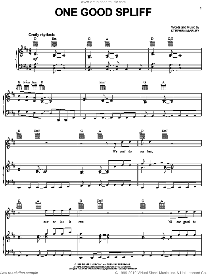 One Good Spliff sheet music for voice, piano or guitar by Ziggy Marley and Stephen Marley, intermediate skill level