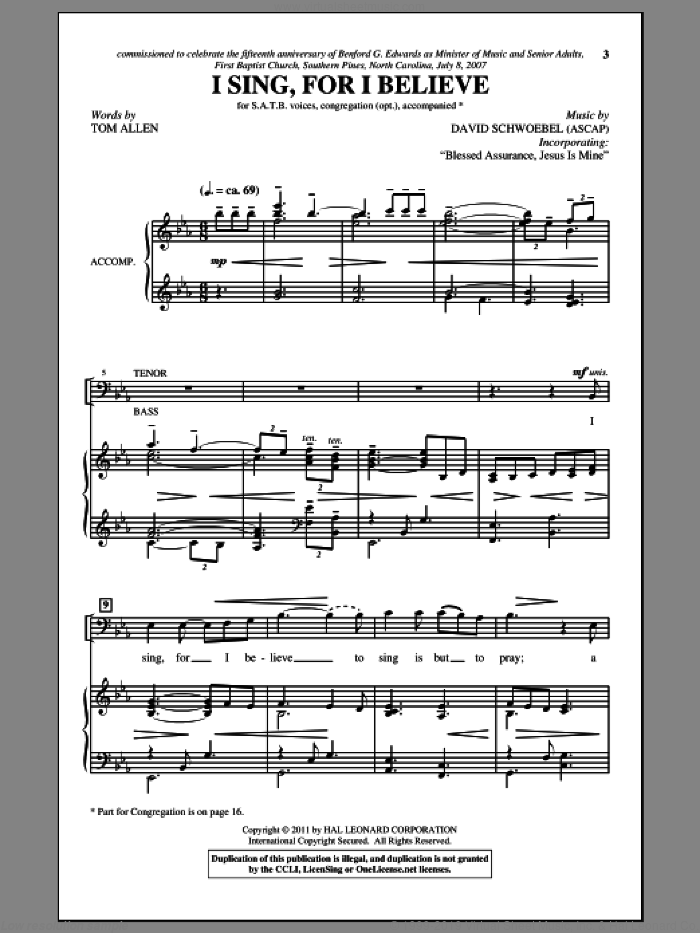 I Sing, For I Believe sheet music for choir (SATB: soprano, alto, tenor, bass) by David Schwoebel and Tom Allen, intermediate skill level