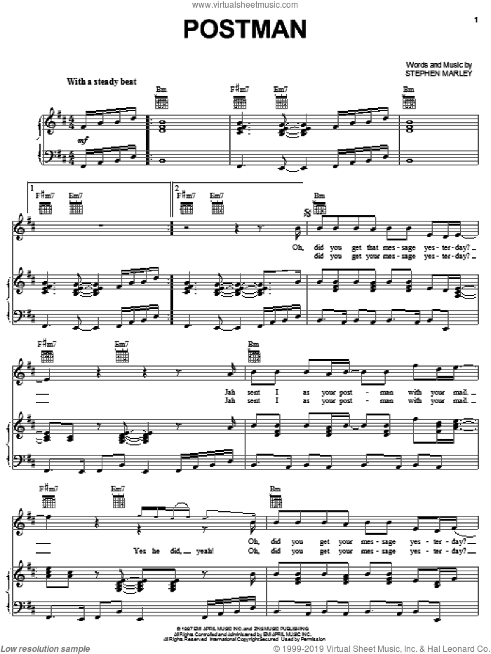 Postman sheet music for voice, piano or guitar by Ziggy Marley and Stephen Marley, intermediate skill level