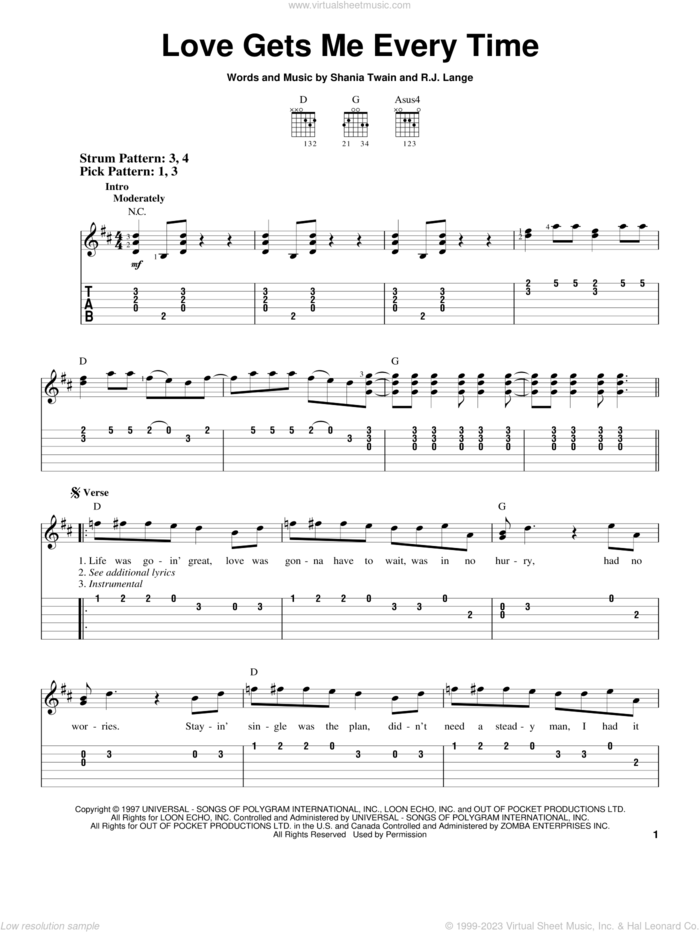 Love Gets Me Every Time sheet music for guitar solo (easy tablature) by Shania Twain and Robert John Lange, wedding score, easy guitar (easy tablature)