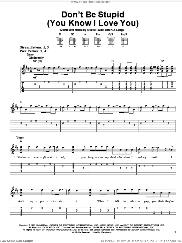 Don't Be Stupid (You Know I Love You) sheet music for guitar solo (easy tablature) by Shania Twain and Robert John Lange, easy guitar (easy tablature)