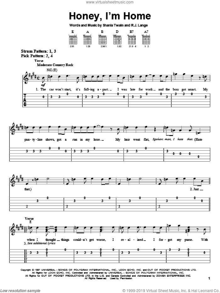 Honey, I'm Home sheet music for guitar solo (easy tablature) by Shania Twain and Robert John Lange, easy guitar (easy tablature)