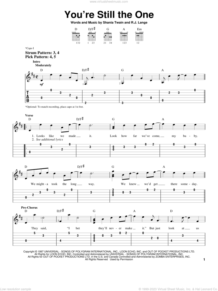You're Still The One sheet music for guitar solo (easy tablature) by Shania Twain and Robert John Lange, wedding score, easy guitar (easy tablature)