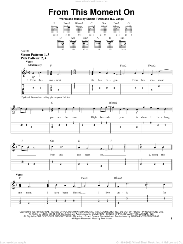 From This Moment On sheet music for guitar solo (easy tablature) by Shania Twain and Robert John Lange, wedding score, easy guitar (easy tablature)
