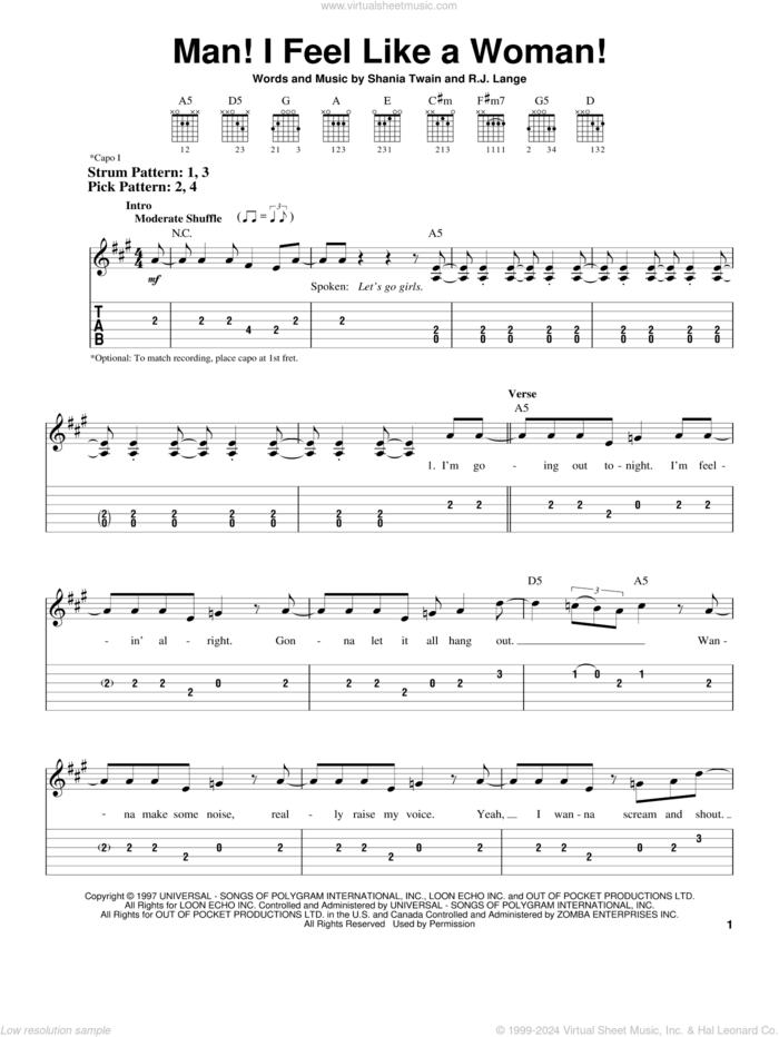 Man! I Feel Like A Woman! sheet music for guitar solo (easy tablature) by Shania Twain and Robert John Lange, easy guitar (easy tablature)