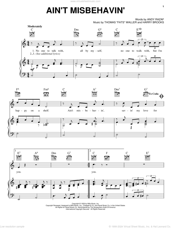 Ain't Misbehavin' sheet music for voice, piano or guitar by Andy Razaf, Louis Armstrong, Thomas Waller, Thomas Waller and Harry Brooks, intermediate skill level