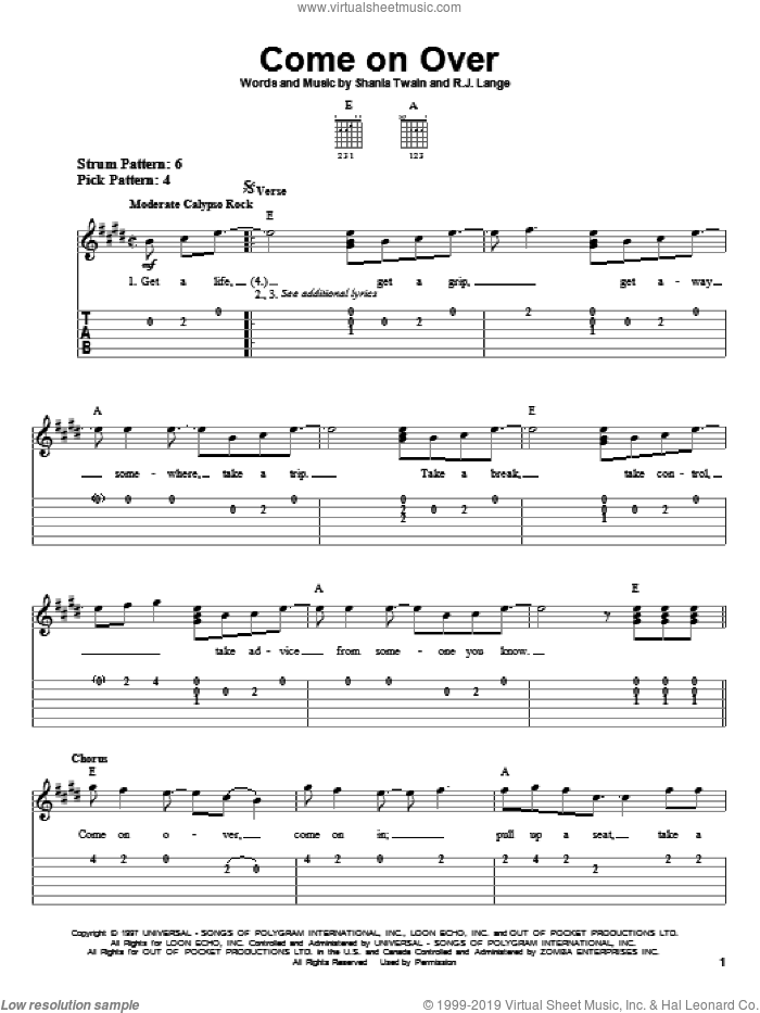 Come On Over sheet music for guitar solo (easy tablature) by Shania Twain and Robert John Lange, easy guitar (easy tablature)