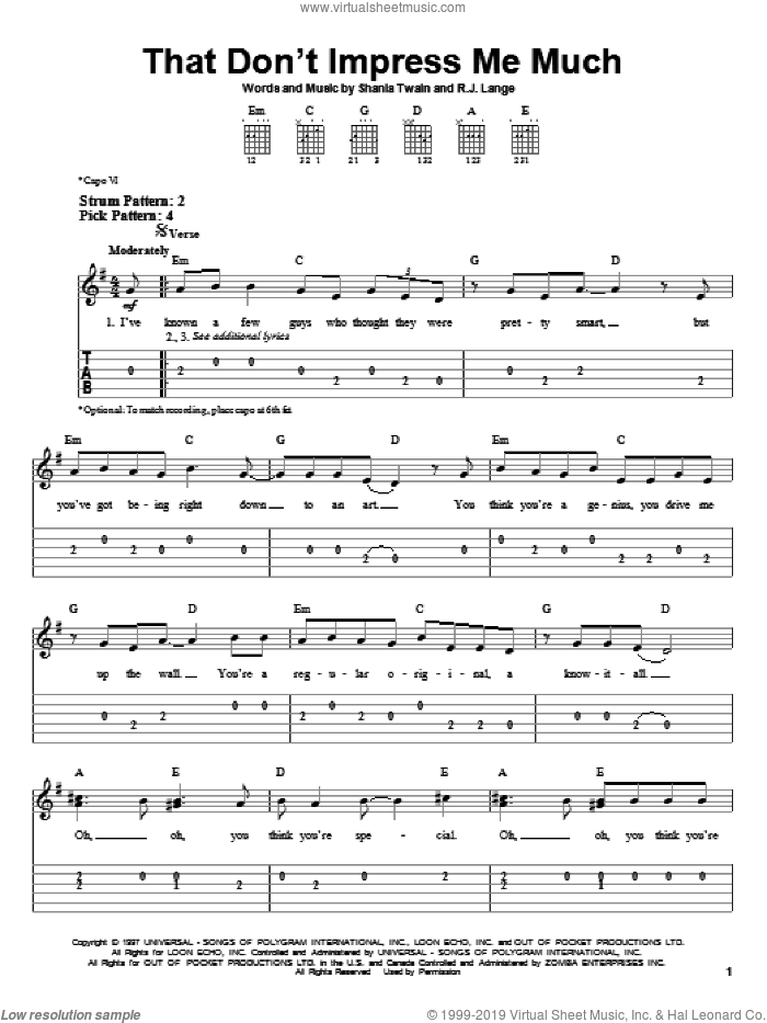 That Don't Impress Me Much sheet music for guitar solo (easy tablature) by Shania Twain and Robert John Lange, easy guitar (easy tablature)