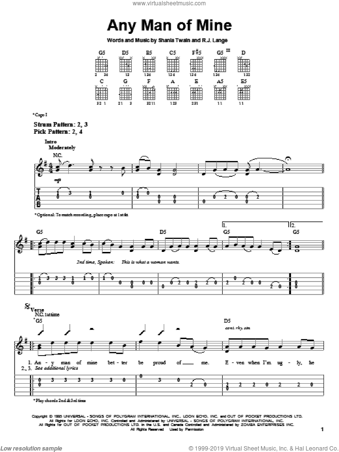 Any Man Of Mine sheet music for guitar solo (easy tablature) by Shania Twain and Robert John Lange, easy guitar (easy tablature)