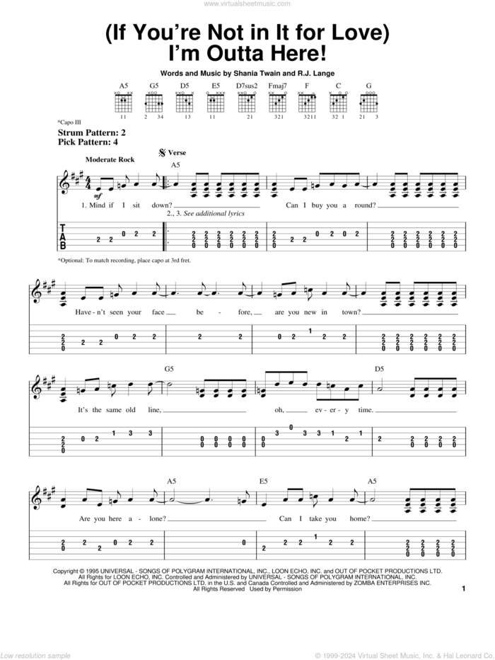 (If You're Not In It For Love) I'm Outta Here! sheet music for guitar solo (easy tablature) by Shania Twain and Robert John Lange, easy guitar (easy tablature)