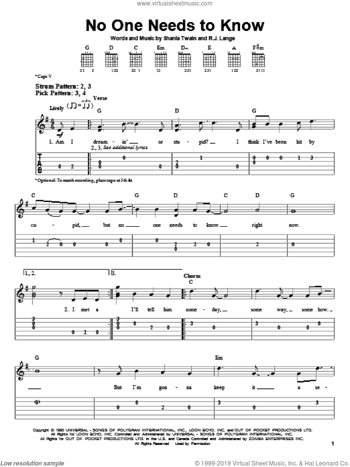 No One Needs To Know sheet music for guitar solo (easy tablature) by Shania Twain and Robert John Lange, easy guitar (easy tablature)