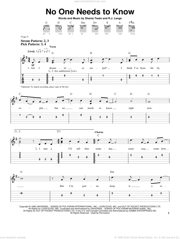 No One Needs To Know sheet music for guitar solo (easy tablature) by Shania Twain and Robert John Lange, easy guitar (easy tablature)