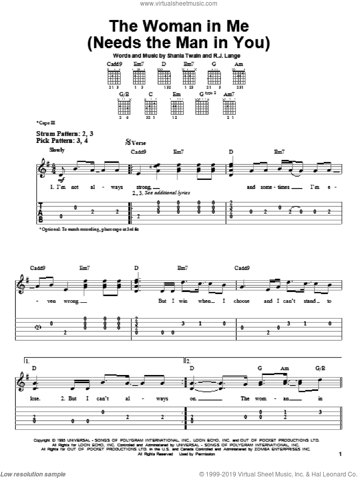 The Woman In Me (Needs The Man In You) sheet music for guitar solo (easy tablature) by Shania Twain and Robert John Lange, wedding score, easy guitar (easy tablature)