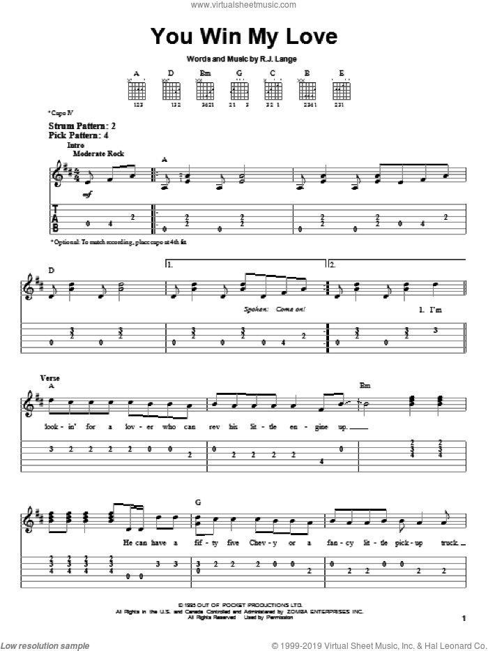 You Win My Love sheet music for guitar solo (easy tablature) by Shania Twain and Robert John Lange, easy guitar (easy tablature)